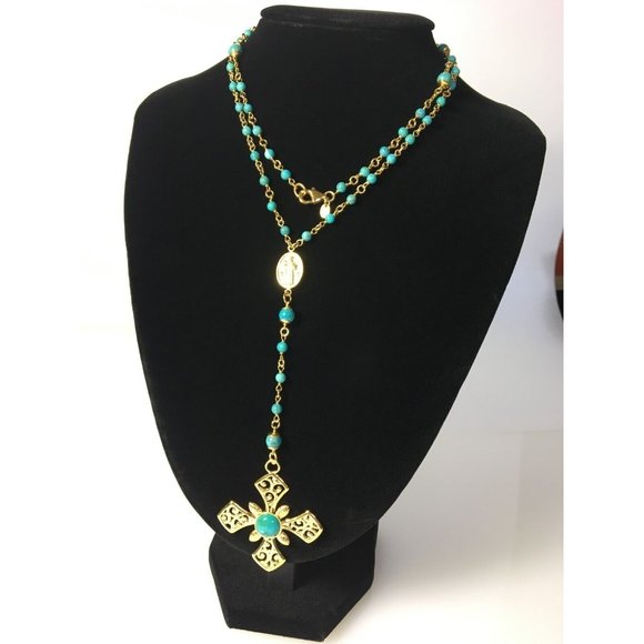 Italy Jewelry - Rosary Beads Cross Necklace Gold Plated Turquoise Made in Italy